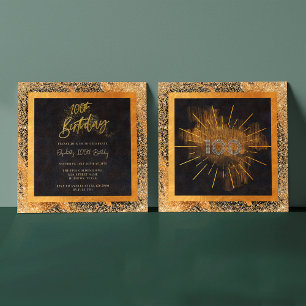 Elegante schwarze Gold Glitter 100. Geburtstagsfei Einladung