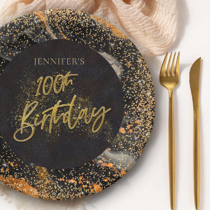 Elegante schwarze Gold Glitter 100. Geburtstagsfei Pappteller