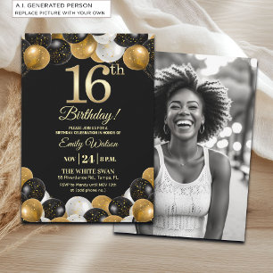 Elegante schwarze Gold-Glitter 16. Geburtstagsfoto Einladung