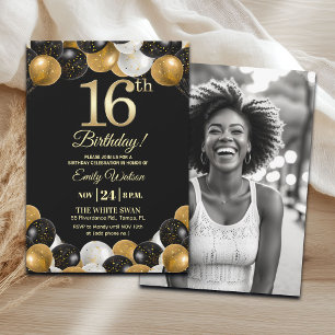 Elegante schwarze Gold-Glitter 16. Geburtstagsfoto Einladung