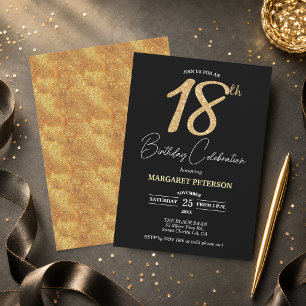 Elegante schwarze Gold-Glitter-18-Geburtstagsfeier Einladung