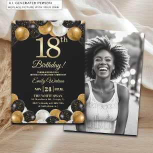 Elegante schwarze Gold-Glitter 18. Geburtstagsfoto Einladung