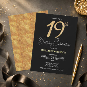 Elegante schwarze Gold-Glitter-19-Geburtstagsfeier Einladung