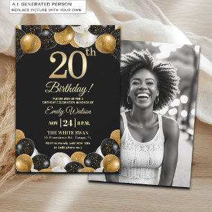 Elegante schwarze Gold-Glitter 20. Geburtstagsfoto Einladung