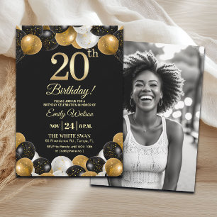 Elegante schwarze Gold-Glitter 20. Geburtstagsfoto Einladung