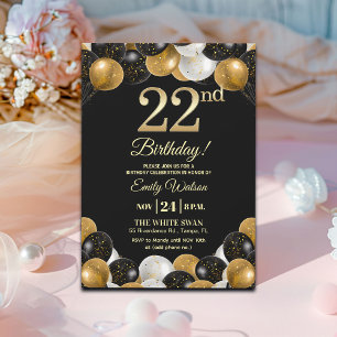 Elegante schwarze Gold-Glitter 22. Geburtstagsfeie Einladung