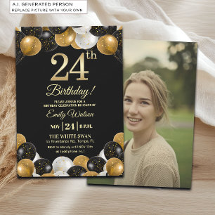 Elegante schwarze Gold-Glitter 24. Geburtstagsfoto Einladung
