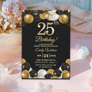 Elegante schwarze Gold-Glitter 25. Geburtstagsfeie Einladung