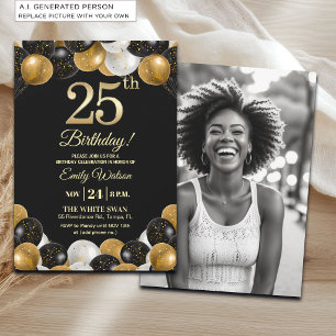 Elegante schwarze Gold-Glitter 25. Geburtstagsfoto Einladung