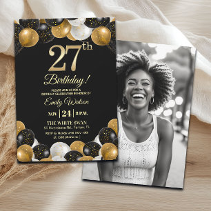 Elegante schwarze Gold-Glitter 27. Geburtstagsfoto Einladung