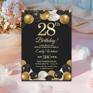 Elegante schwarze Gold-Glitter 28. Geburtstagsfeie Einladung