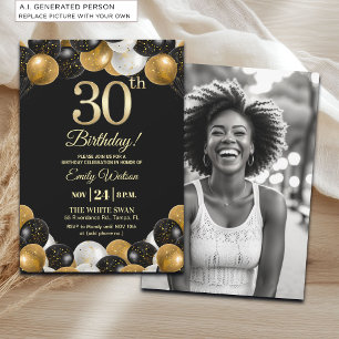 Elegante schwarze Gold-Glitter 30. Geburtstagsfoto Einladung