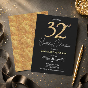 Elegante schwarze Gold-Glitter-32-Geburtstagsfeier Einladung