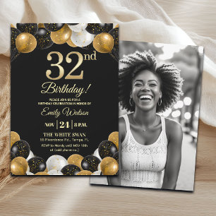 Elegante schwarze Gold-Glitter 32. Geburtstagsfoto Einladung