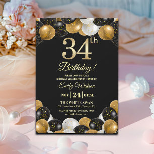 Elegante schwarze Gold-Glitter 34. Geburtstagsfeie Einladung