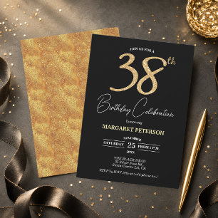 Elegante schwarze Gold-Glitter-38-Geburtstagsfeier Einladung