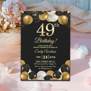 Elegante schwarze Gold-Glitter 49. Geburtstagsfeie Einladung