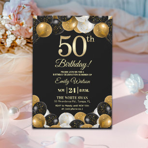 Elegante schwarze Gold-Glitter 50. Geburtstagsfeie Einladung