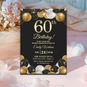 Elegante schwarze Gold-Glitter 60. Geburtstagsfeie Einladung