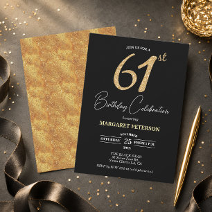 Elegante schwarze Gold-Glitter-61.-Geburtstagsfeie Einladung