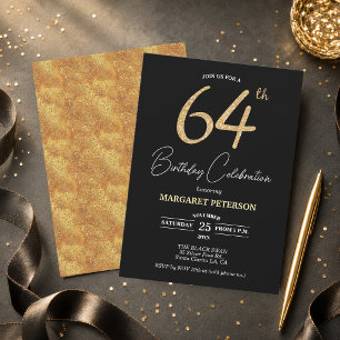 Elegante schwarze Gold-Glitter-64-Geburtstagsfeier Einladung