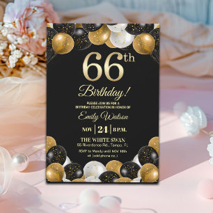 Elegante schwarze Gold-Glitter 66. Geburtstagsfeie Einladung