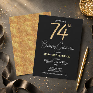 Elegante schwarze Gold-Glitter 74. Geburtstagsfeie Einladung