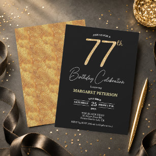 Elegante schwarze Gold-Glitter-77-Geburtstagsfeier Einladung