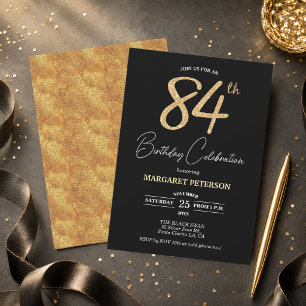 Elegante schwarze Gold-Glitter 84. Geburtstagsfeie Einladung