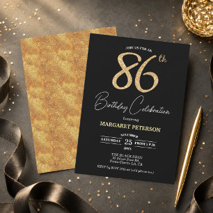 Elegante schwarze Gold-Glitter 86. Geburtstagsfeie Einladung