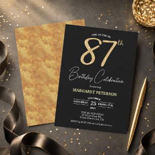 Elegante schwarze Gold-Glitter-87.-Geburtstagsfeie Einladung