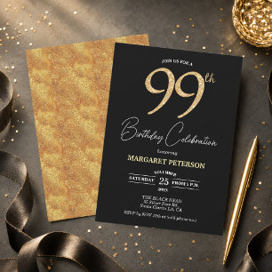 Elegante schwarze Gold-Glitter 99. Geburtstagsfeie Einladung