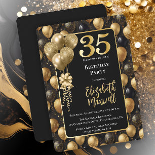 Elegante schwarze Gold-Glitter-Ballons 35. Geburts Einladung