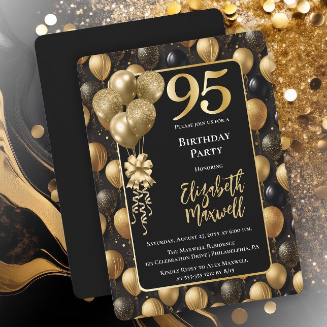 Elegante schwarze Gold-Glitter-Ballons 95. Geburts Einladung (Elegant Black Gold-Tone Faux Glitter Balloons Pattern 95th Birthday Party Invitation 
Print Digital)
