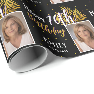 Elegante schwarze Gold-Laub 70. Geburtstag Geschenkpapier