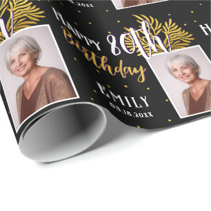 Elegante schwarze Gold-Laub-80-Geburtstag Geschenkpapier