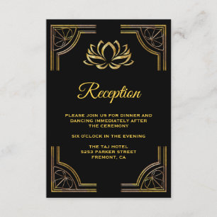 Elegante schwarze Gold-Lotus-Blumen-Hochzeitsfeier Begleitkarte