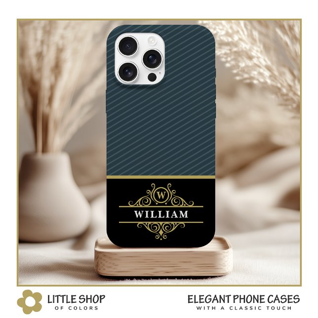 Elegante Schwarze Gold Monogram Gray Pinstripe Case-Mate iPhone Hülle (Von Creator hochgeladen)