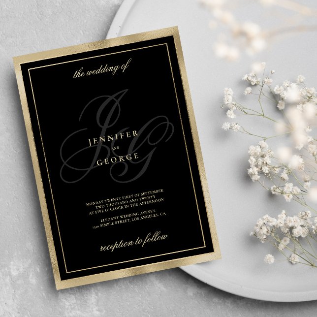 Elegante Schwarze Gold Monogramm Initialen Glam Ho Einladung (Elegant black gold monogram initials glam wedding )