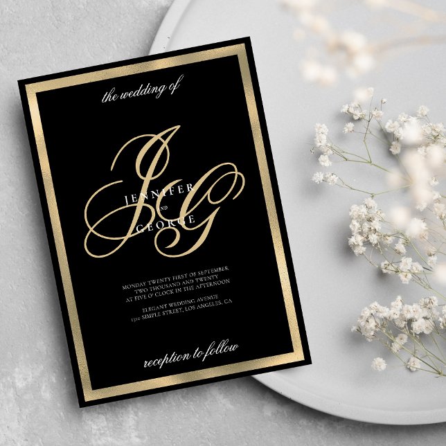 Elegante Schwarze Gold-Monogramm-Initialen Hochzei Einladung (Elegant black gold monogram initials wedding)