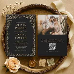 Elegante schwarze Gold-QR-Code-Foto-Hochzeit Einladung