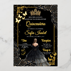 Elegante Schwarze Gold Quinceañera-Einladung mit F Folieneinladung