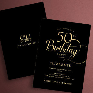 Elegante schwarze Gold-Schrift Überraschung 50. Ge Einladung