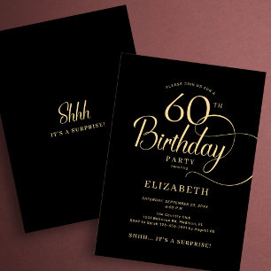 Elegante schwarze Gold-Schrift Überraschung 60. Ge Einladung