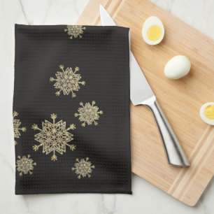 Elegante Schwarze & Gold Snowflakes Geschirrtuch