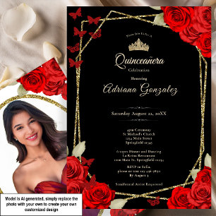 Elegante Schwarze Gold- und Rote Rosen Quinceanera Einladung