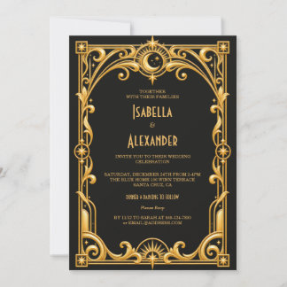 Elegante schwarze Goldene 1920er Art Deco Hochzeit Einladung