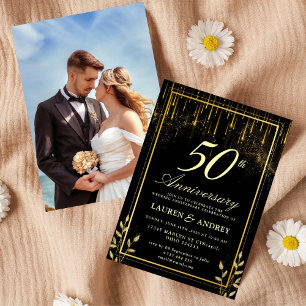 Elegante schwarze & goldene 50. Hochzeitstag-Jubil Einladung