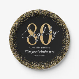 Elegante schwarze Goldene 80. Geburtstagspapierpla Pappteller