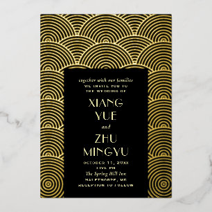 Elegante schwarze goldene asiatische Hochzeit. Chi Folieneinladung